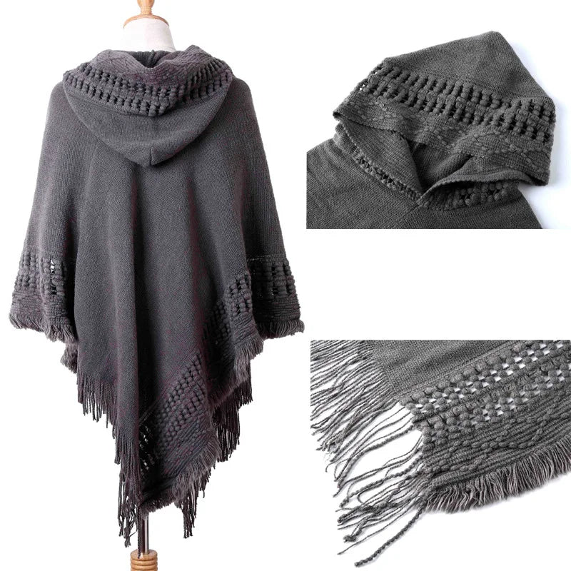 New Women Ladies Tassel Cape Coat Fringe Poncho Oblique Stripe Coat