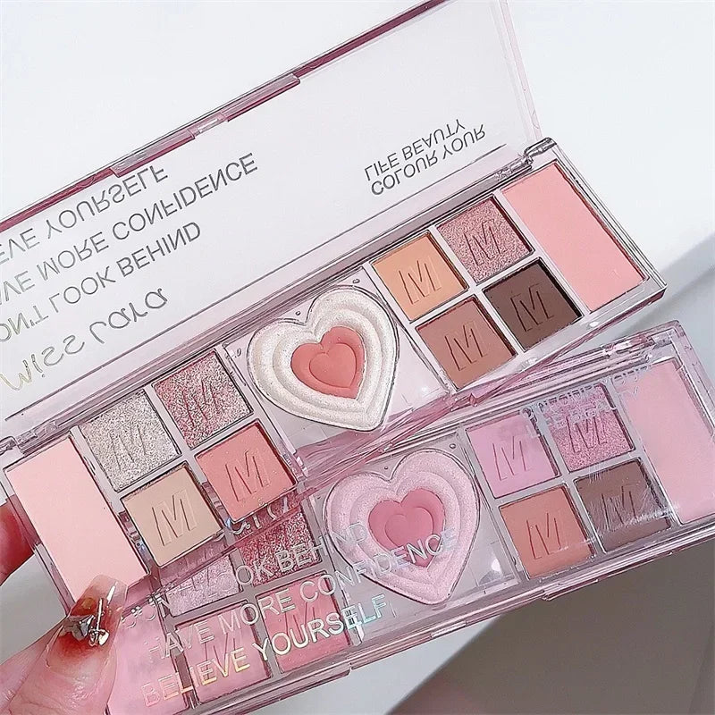 12Colors Love Heart Pink Eyeshadow Palette Natural Cool Tone Low Saturation