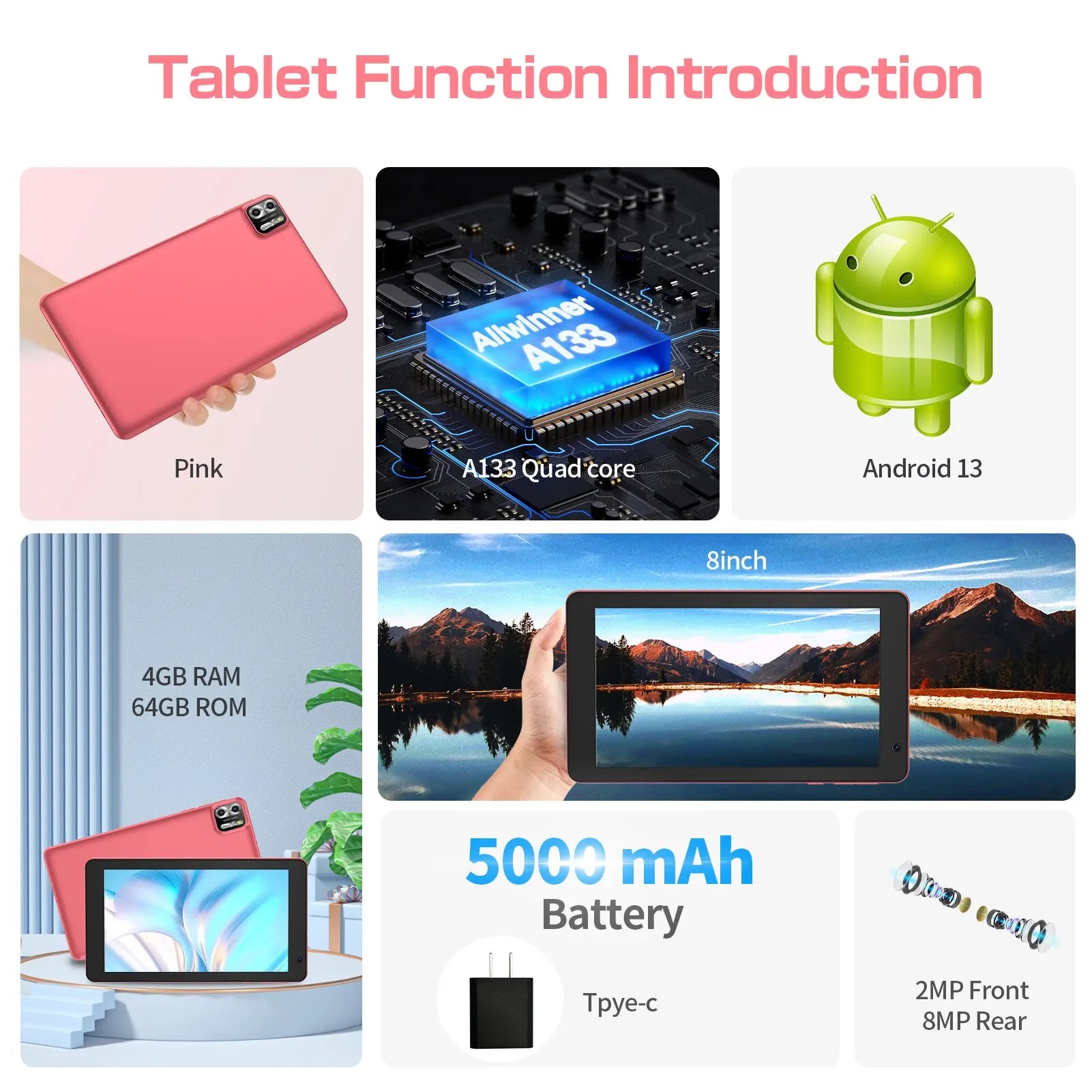 PRITOM 8 Inch Tablet Android 13, 8GB(4+4 Expand) RAM 64GB ROM,1TB Expand