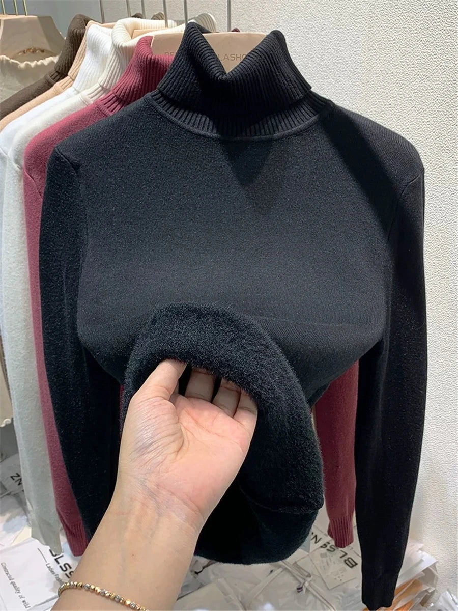 Turtleneck Winter Sweater Women Elegant Thicken Velvet Lined Warm Sweter