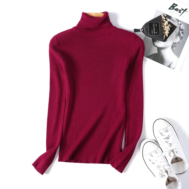 Autumn Winter Women Long Sleeve Knitted Foldover Turtleneck Ribbed Pull Sweater