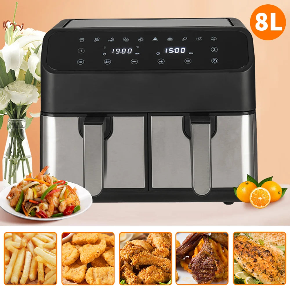 1800W 8L air fryer Dual zone heating 220-240V oil free air fryer Double Basket