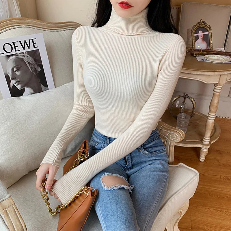 Autumn Winter Women Long Sleeve Knitted Foldover Turtleneck Ribbed Pull Sweater