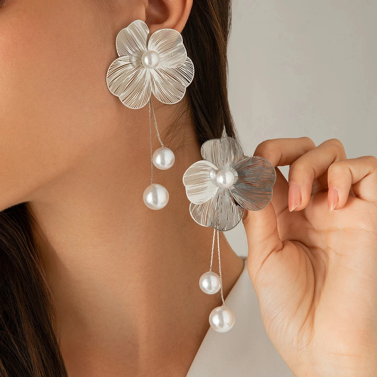 Romantic Flower Petal Long Tassel Drop Earrings for Women  Trend Imitation Pearl