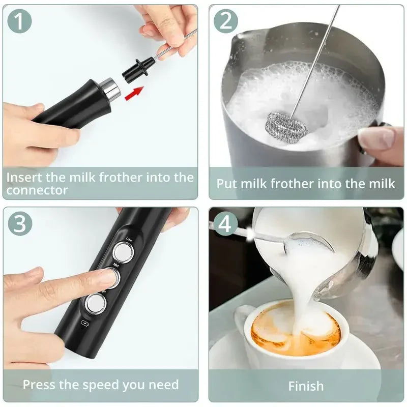 Wireless Rechargeable Electric Milk Frother - 3 Speeds, Handheld Foam Maker