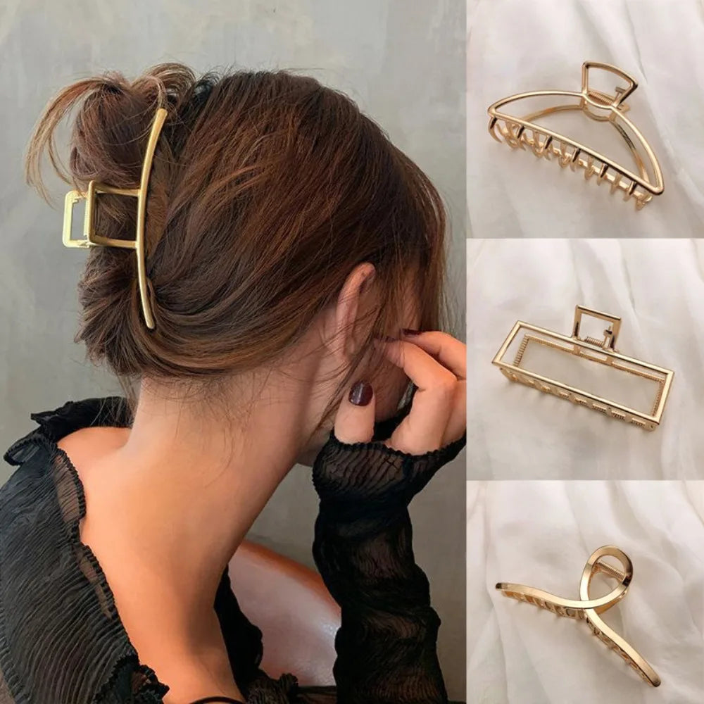 Gold Color Hollow Geometric Hair Clips Metal Hair Claw Cross Hairclip