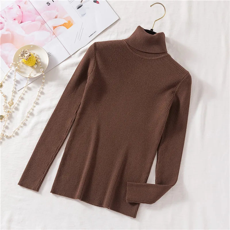 Autumn Winter Women Long Sleeve Knitted Foldover Turtleneck Ribbed Pull Sweater