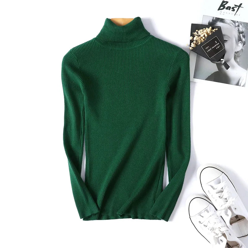 Autumn Winter Women Long Sleeve Knitted Foldover Turtleneck Ribbed Pull Sweater