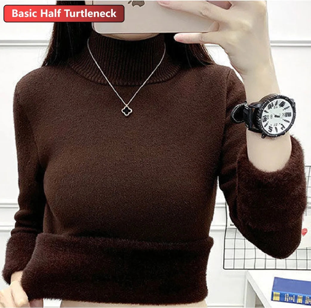 Turtleneck Winter Sweater Women Elegant Thicken Velvet Lined Warm Sweter