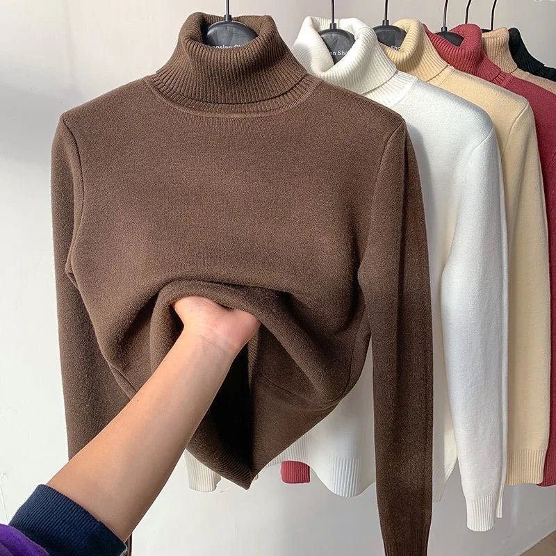 Turtleneck Winter Sweater Women Elegant Thicken Velvet Lined Warm Sweter