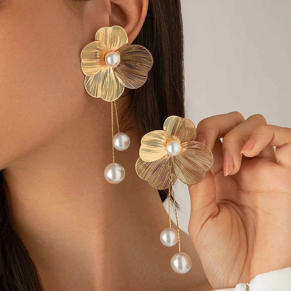 Romantic Flower Petal Long Tassel Drop Earrings for Women  Trend Imitation Pearl