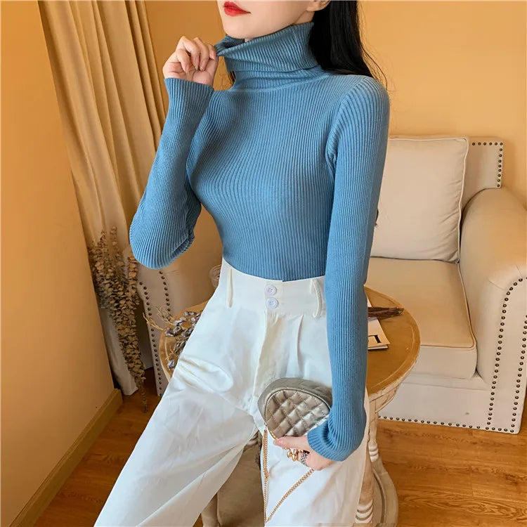 Autumn Winter Women Long Sleeve Knitted Foldover Turtleneck Ribbed Pull Sweater