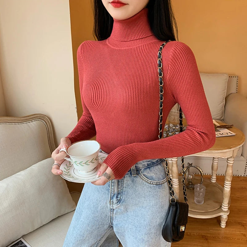 Autumn Winter Women Long Sleeve Knitted Foldover Turtleneck Ribbed Pull Sweater