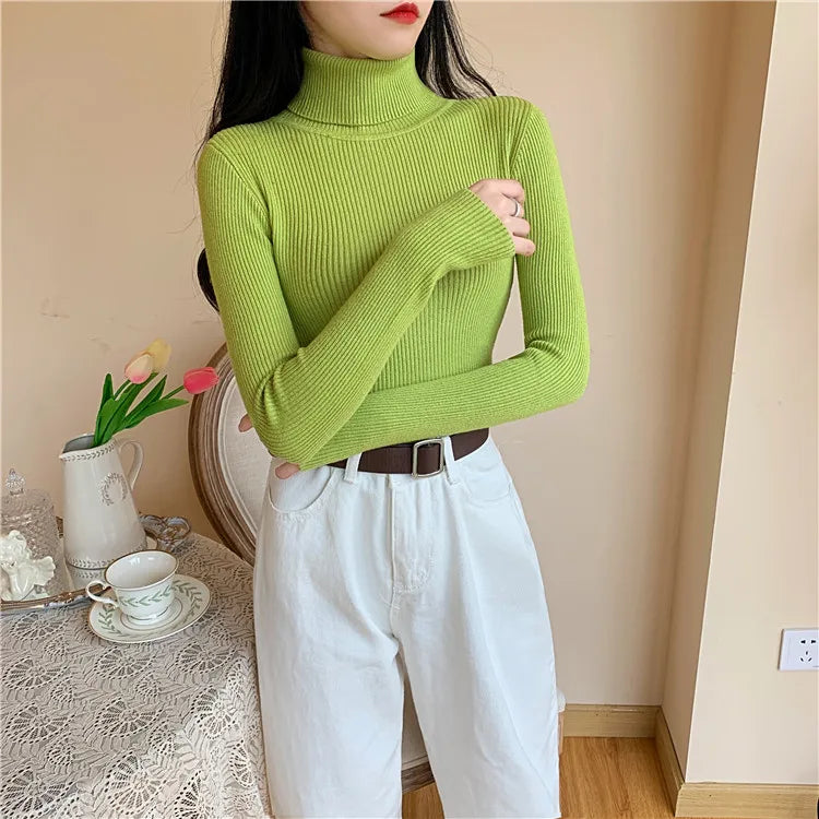 Autumn Winter Women Long Sleeve Knitted Foldover Turtleneck Ribbed Pull Sweater