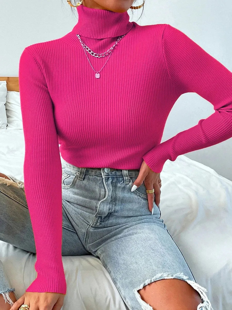 Autumn Winter Women Long Sleeve Knitted Foldover Turtleneck Ribbed Pull Sweater