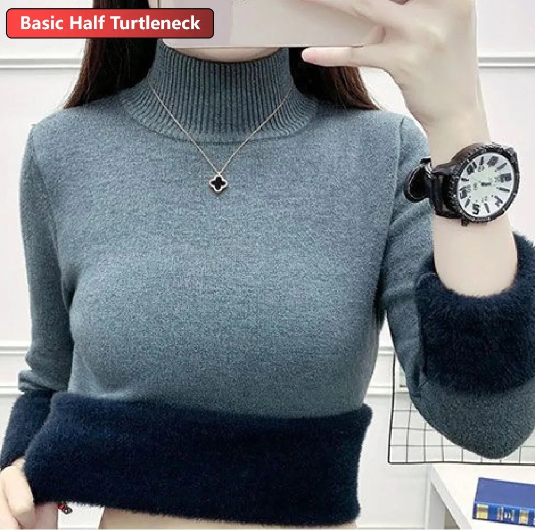 Turtleneck Winter Sweater Women Elegant Thicken Velvet Lined Warm Sweter