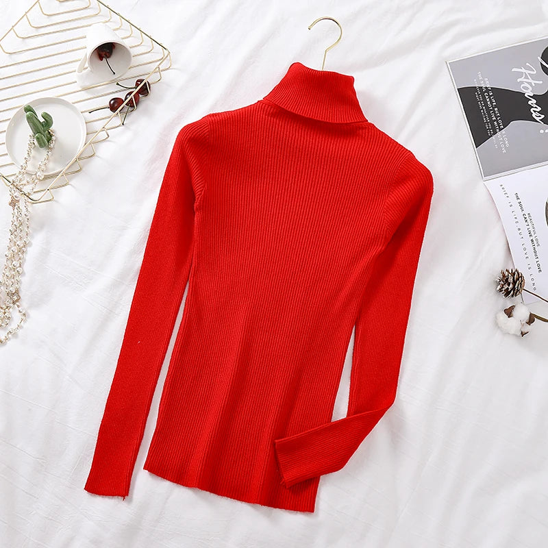 Autumn Winter Women Long Sleeve Knitted Foldover Turtleneck Ribbed Pull Sweater