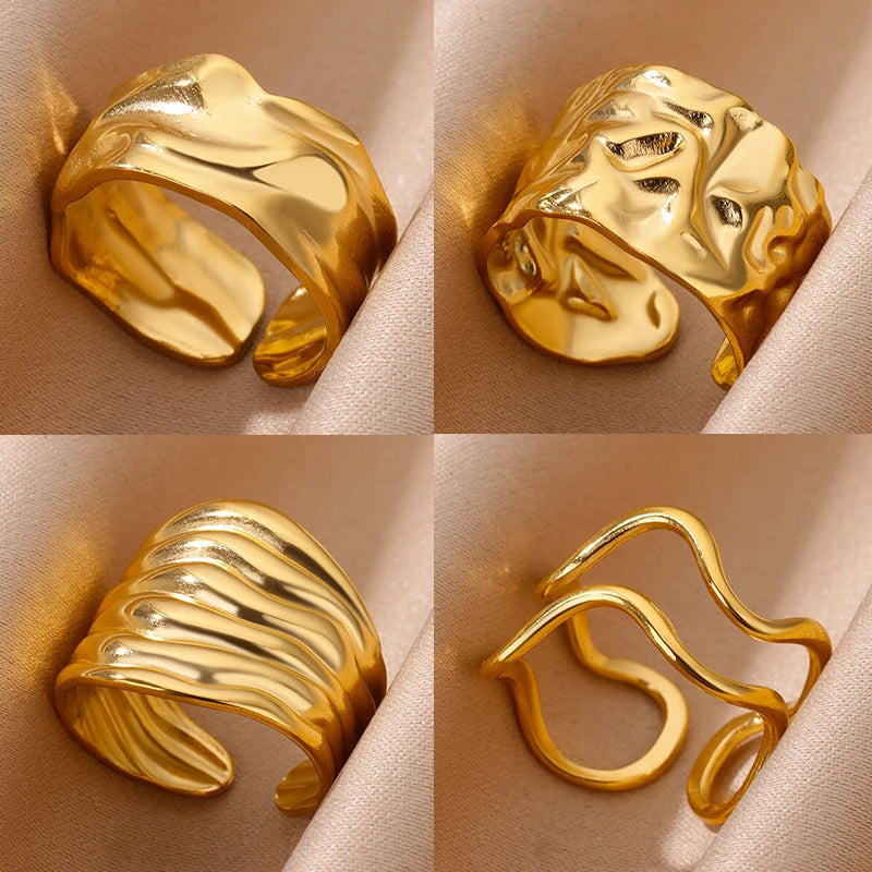 Irregular Geometric Chunky Opening Rings for Women Stainless Steel Gold Color