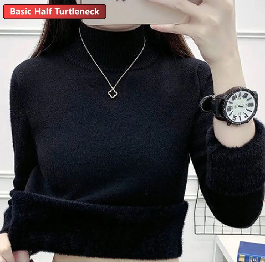 Turtleneck Winter Sweater Women Elegant Thicken Velvet Lined Warm Sweter