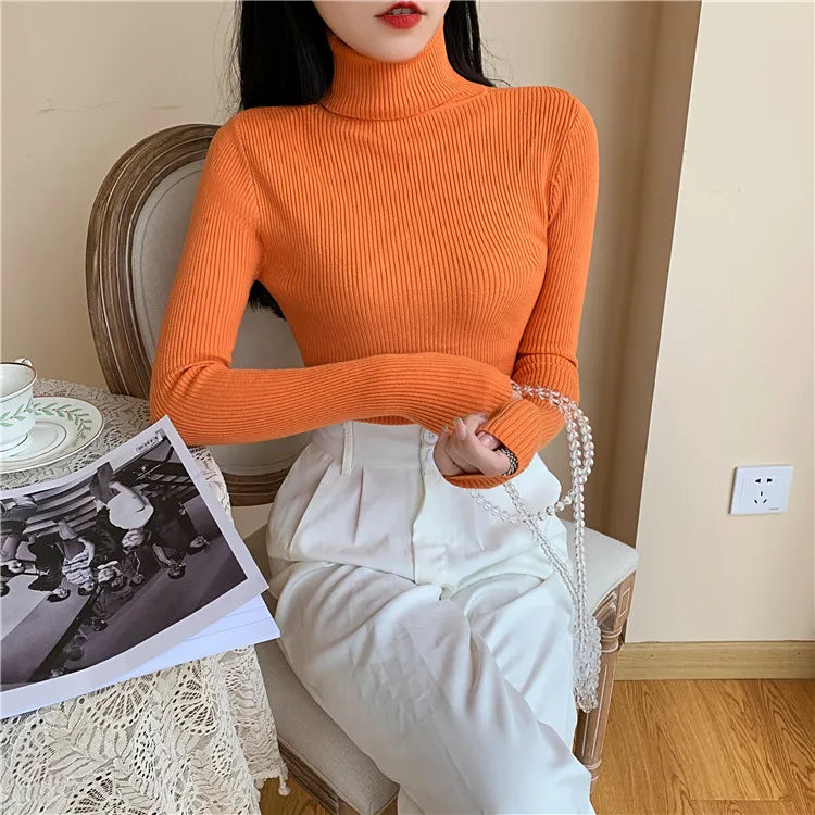 Autumn Winter Women Long Sleeve Knitted Foldover Turtleneck Ribbed Pull Sweater