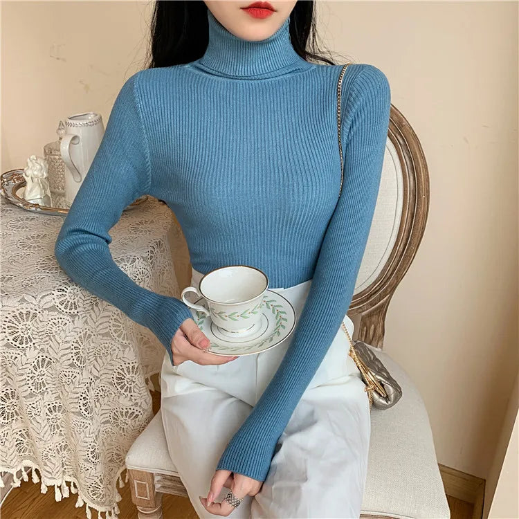 Autumn Winter Women Long Sleeve Knitted Foldover Turtleneck Ribbed Pull Sweater