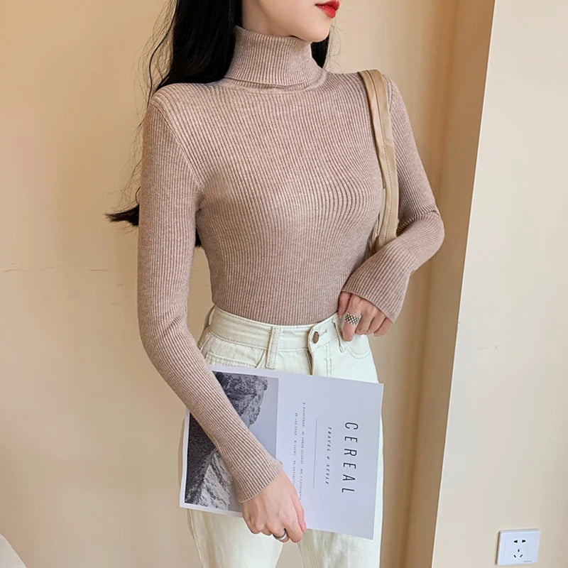 Autumn Winter Women Long Sleeve Knitted Foldover Turtleneck Ribbed Pull Sweater