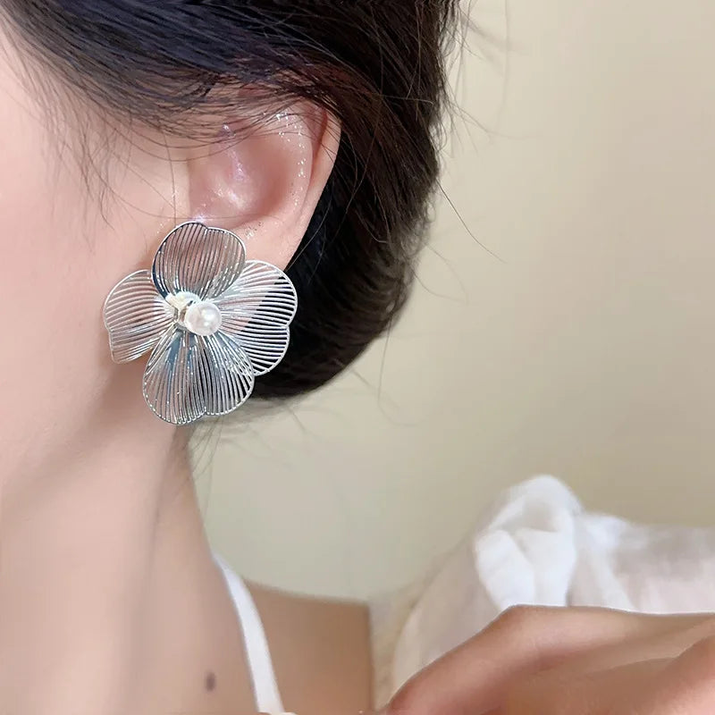 Romantic Flower Petal Long Tassel Drop Earrings for Women  Trend Imitation Pearl