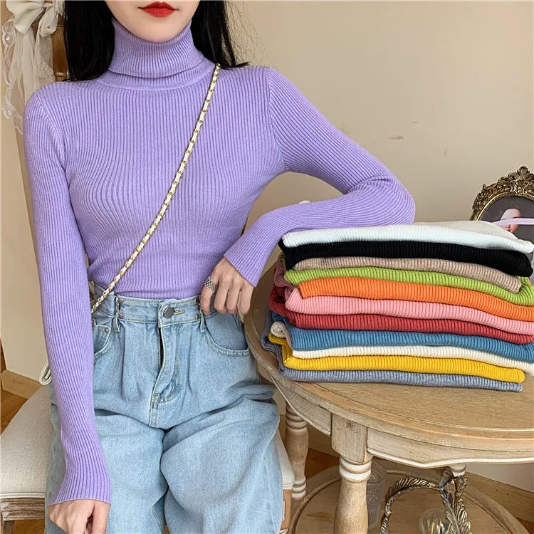 Autumn Winter Women Long Sleeve Knitted Foldover Turtleneck Ribbed Pull Sweater