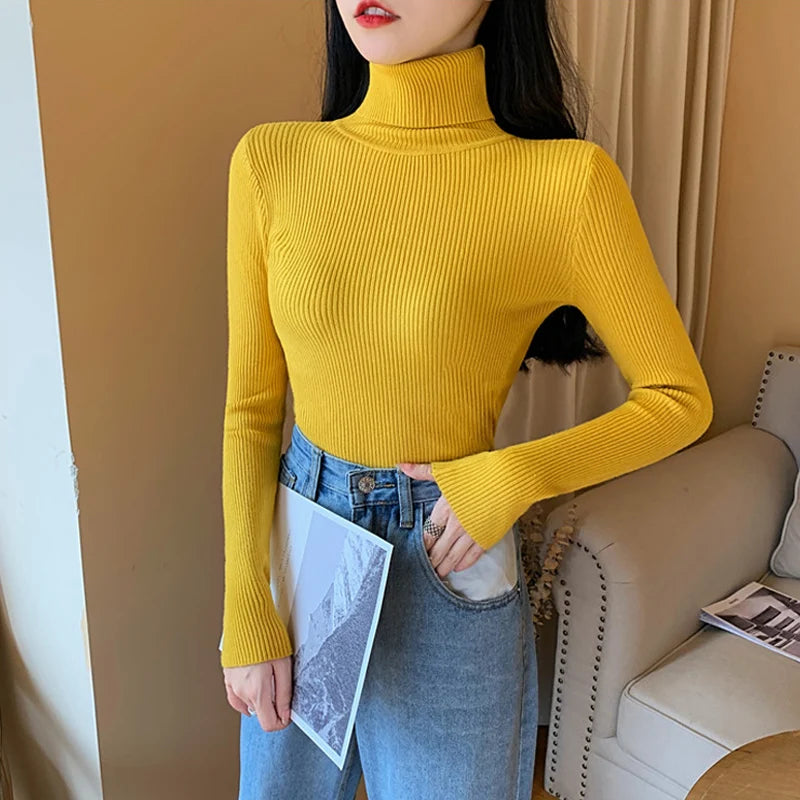 Autumn Winter Women Long Sleeve Knitted Foldover Turtleneck Ribbed Pull Sweater