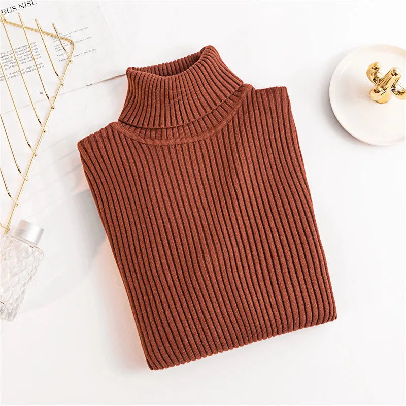 Autumn Winter Women Long Sleeve Knitted Foldover Turtleneck Ribbed Pull Sweater