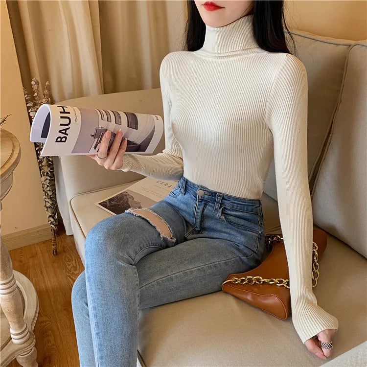 Autumn Winter Women Long Sleeve Knitted Foldover Turtleneck Ribbed Pull Sweater