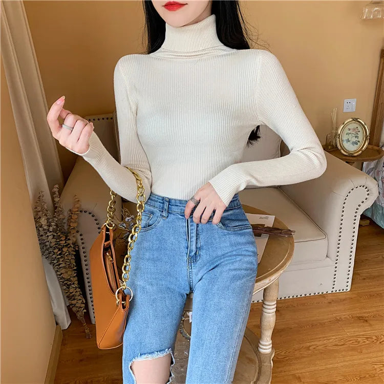 Autumn Winter Women Long Sleeve Knitted Foldover Turtleneck Ribbed Pull Sweater