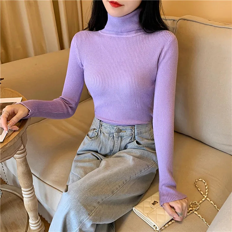 Autumn Winter Women Long Sleeve Knitted Foldover Turtleneck Ribbed Pull Sweater