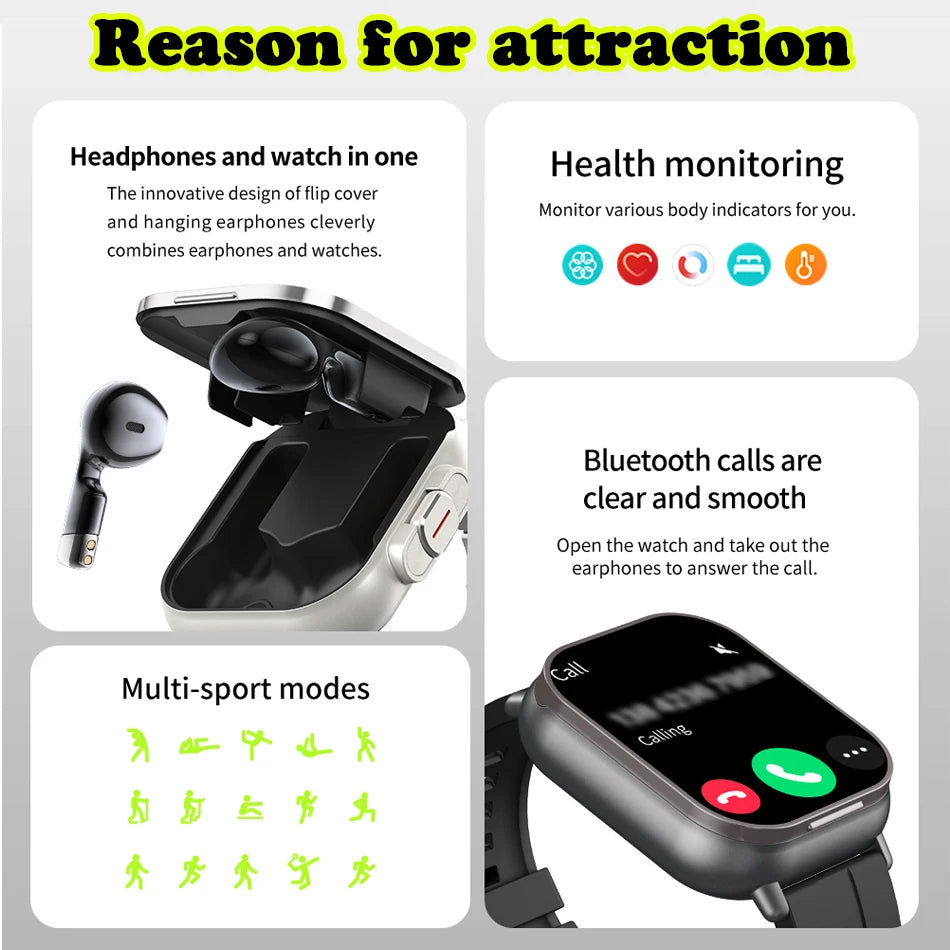 2024 Smart Watch 2 in 1 With Earphone Smartwatch Bluetooth Call Men Watch GPS