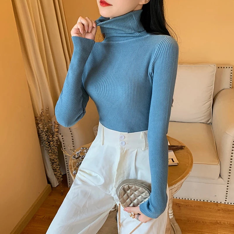 Autumn Winter Women Long Sleeve Knitted Foldover Turtleneck Ribbed Pull Sweater