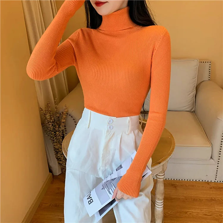 Autumn Winter Women Long Sleeve Knitted Foldover Turtleneck Ribbed Pull Sweater