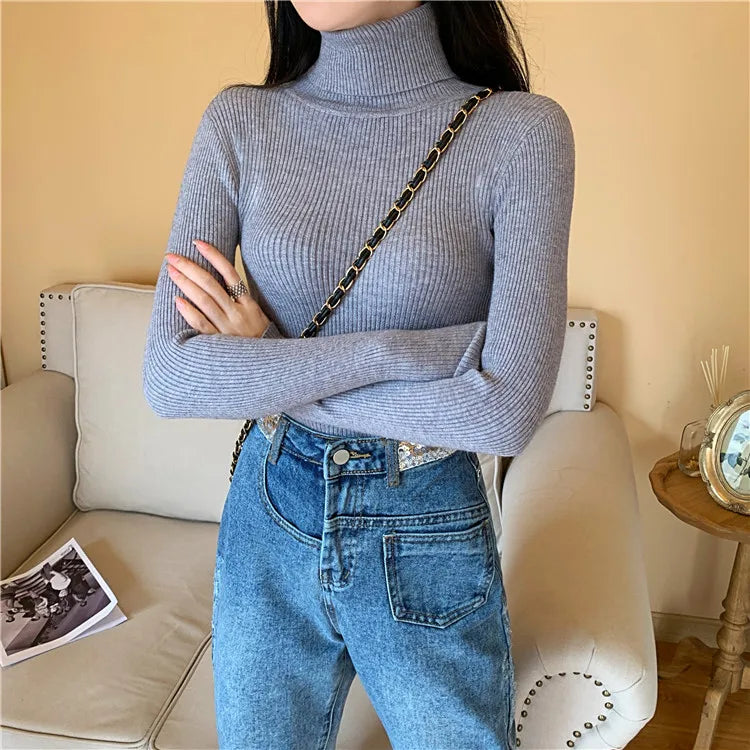 Autumn Winter Women Long Sleeve Knitted Foldover Turtleneck Ribbed Pull Sweater