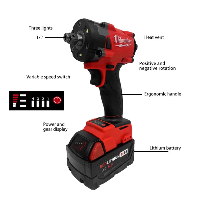 Milwaukee Brushless Cordless Electric Wrench 1/2 Car Truck  Impact Drill 18V