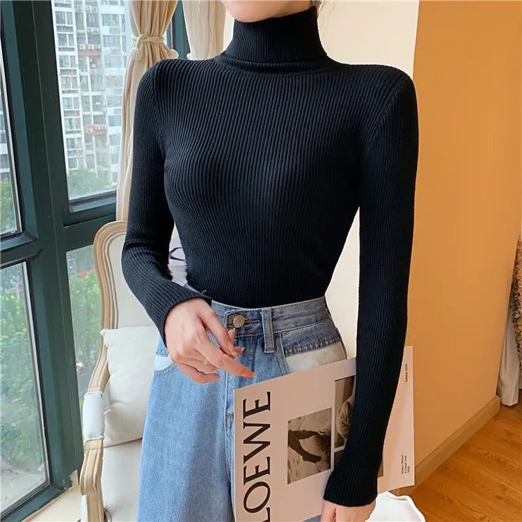 Autumn Winter Women Long Sleeve Knitted Foldover Turtleneck Ribbed Pull Sweater