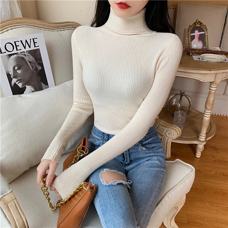 Autumn Winter Women Long Sleeve Knitted Foldover Turtleneck Ribbed Pull Sweater