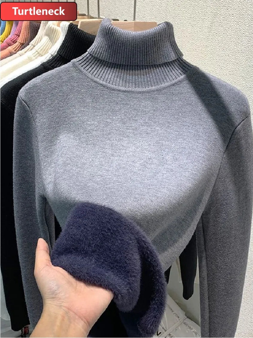 Turtleneck Winter Sweater Women Elegant Thicken Velvet Lined Warm Sweter