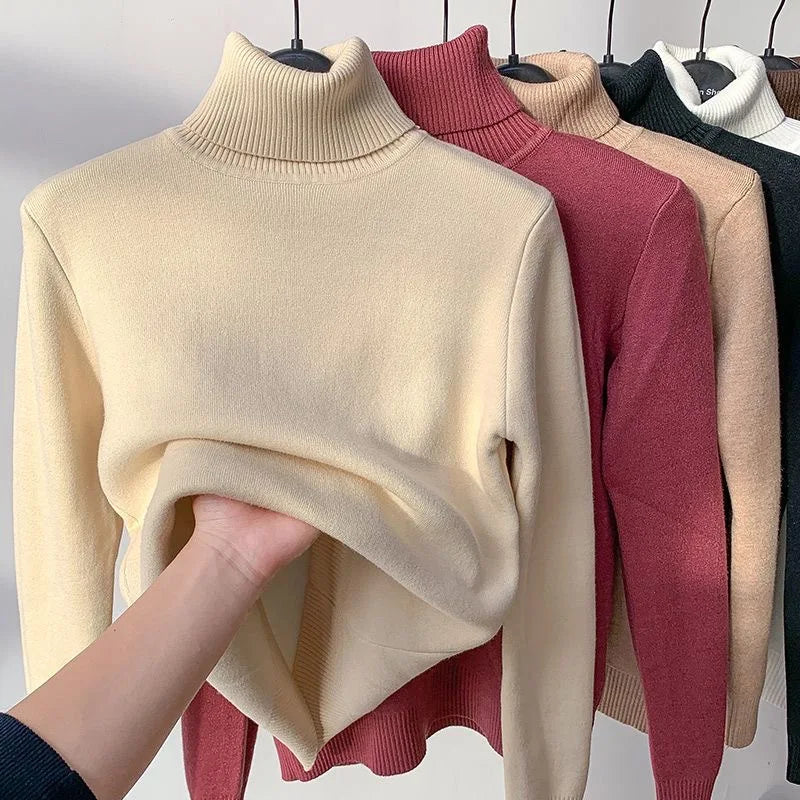 Turtleneck Winter Sweater Women Elegant Thicken Velvet Lined Warm Sweter