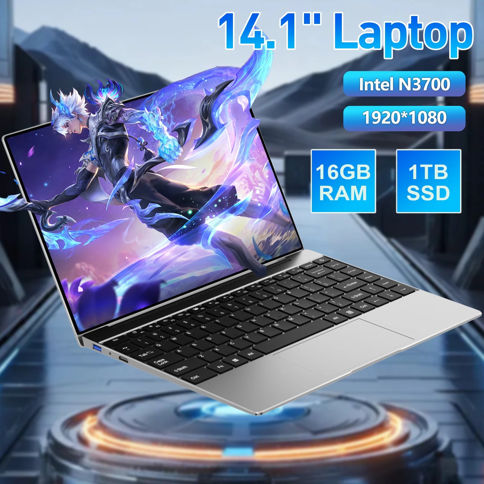 14.1" Laptop Windows 11 Pro Ultra Slim Notebook Gamer Intel Pentium N3700 16GB