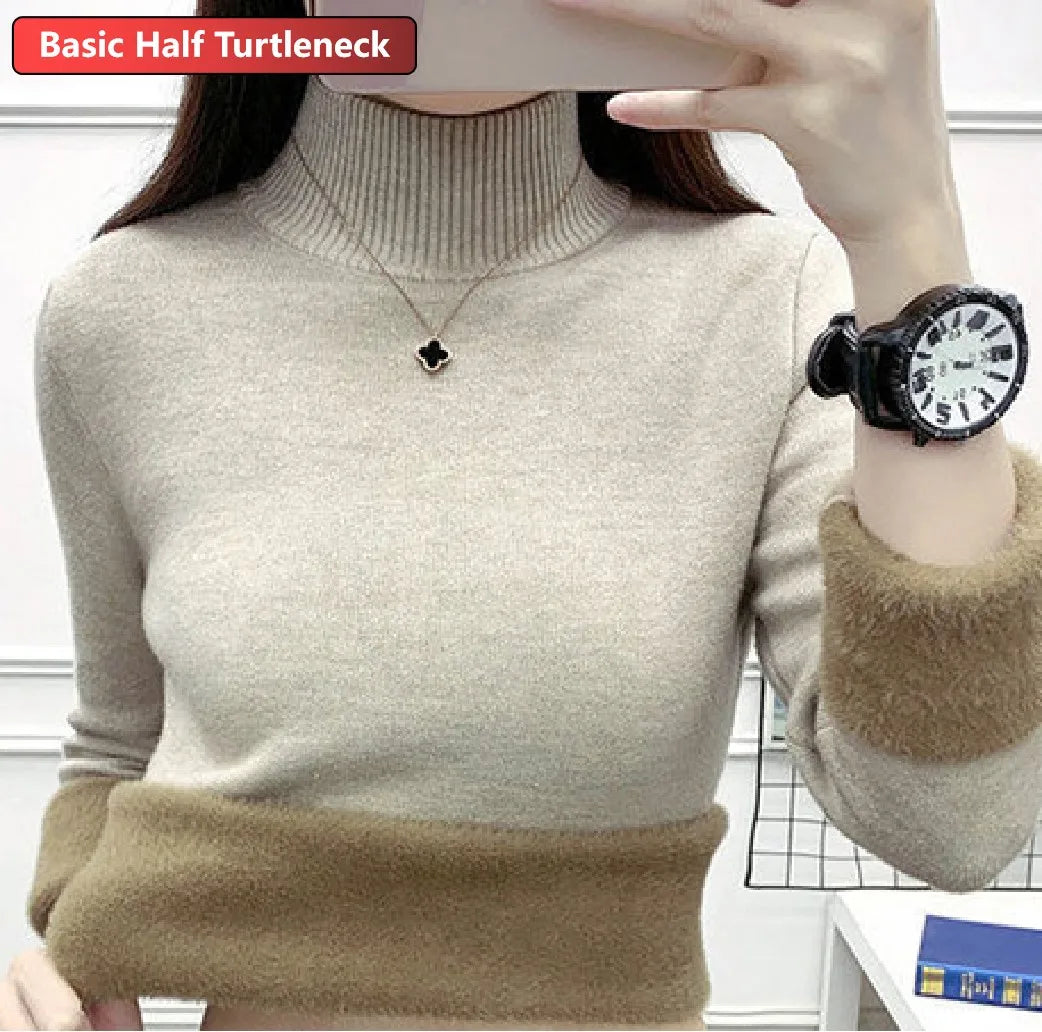 Turtleneck Winter Sweater Women Elegant Thicken Velvet Lined Warm Sweter